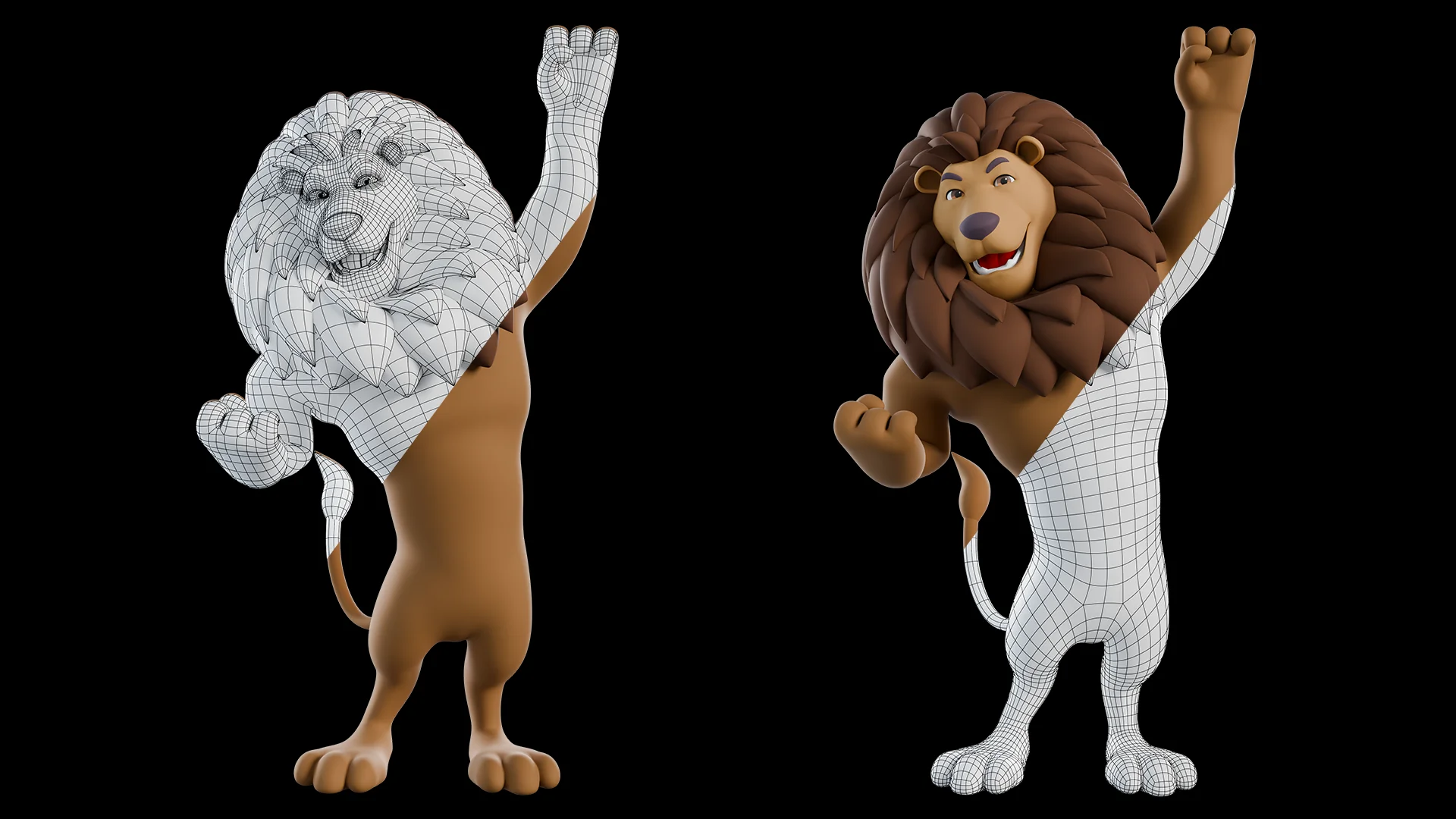 Low-poly quad topology 3D lion mascot character wireframe
